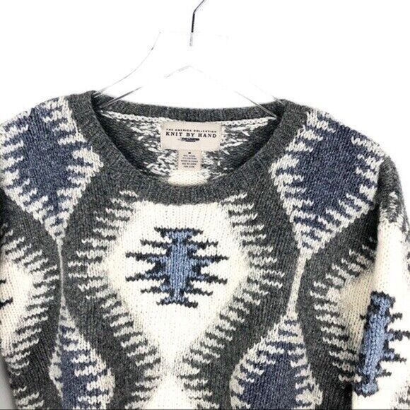 THE LIMITED Y2K hand knit Aztec Wool Cotton Sweater M cabincore country Western - Picture 5 of 7